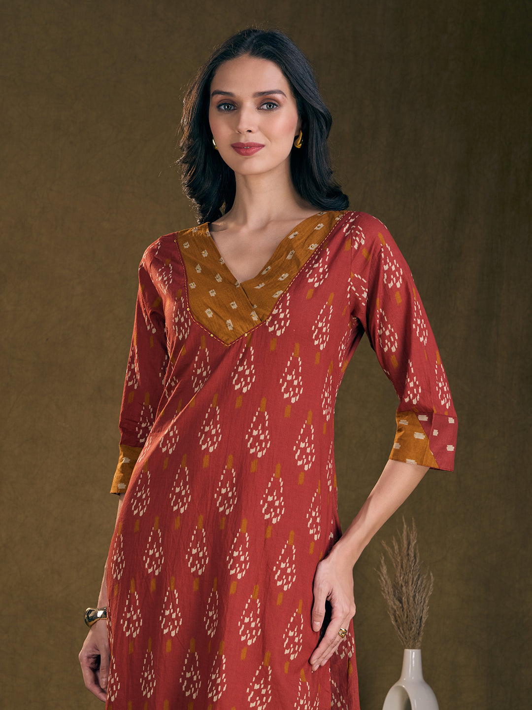 Ethnic Ikat Printed & Embroidered A-Line Kurta with Palazzo - Rust