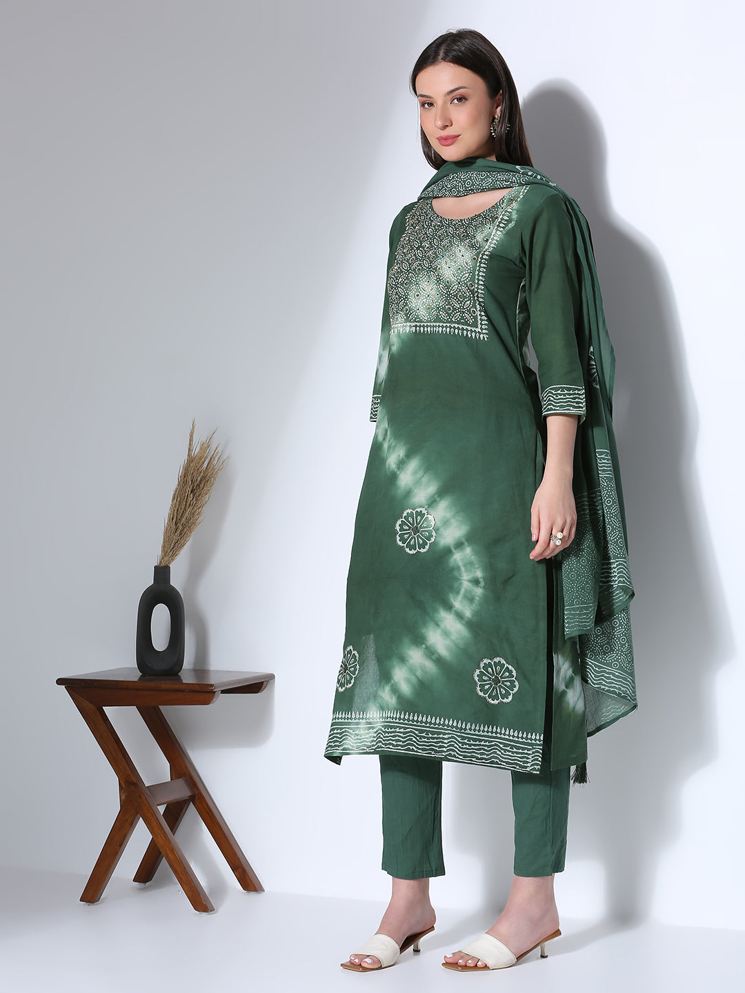 Ethnic Printed Hand Embroidered Straight Fit Kurta with Pant and Dupatta - Green