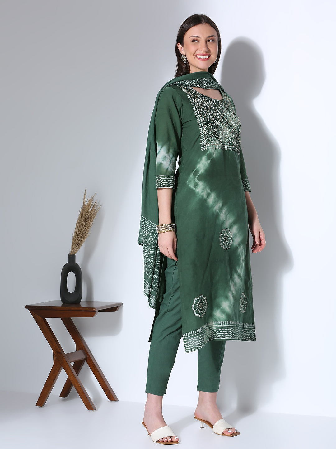 Ethnic Printed Hand Embroidered Straight Fit Kurta with Pant and Dupatta - Green