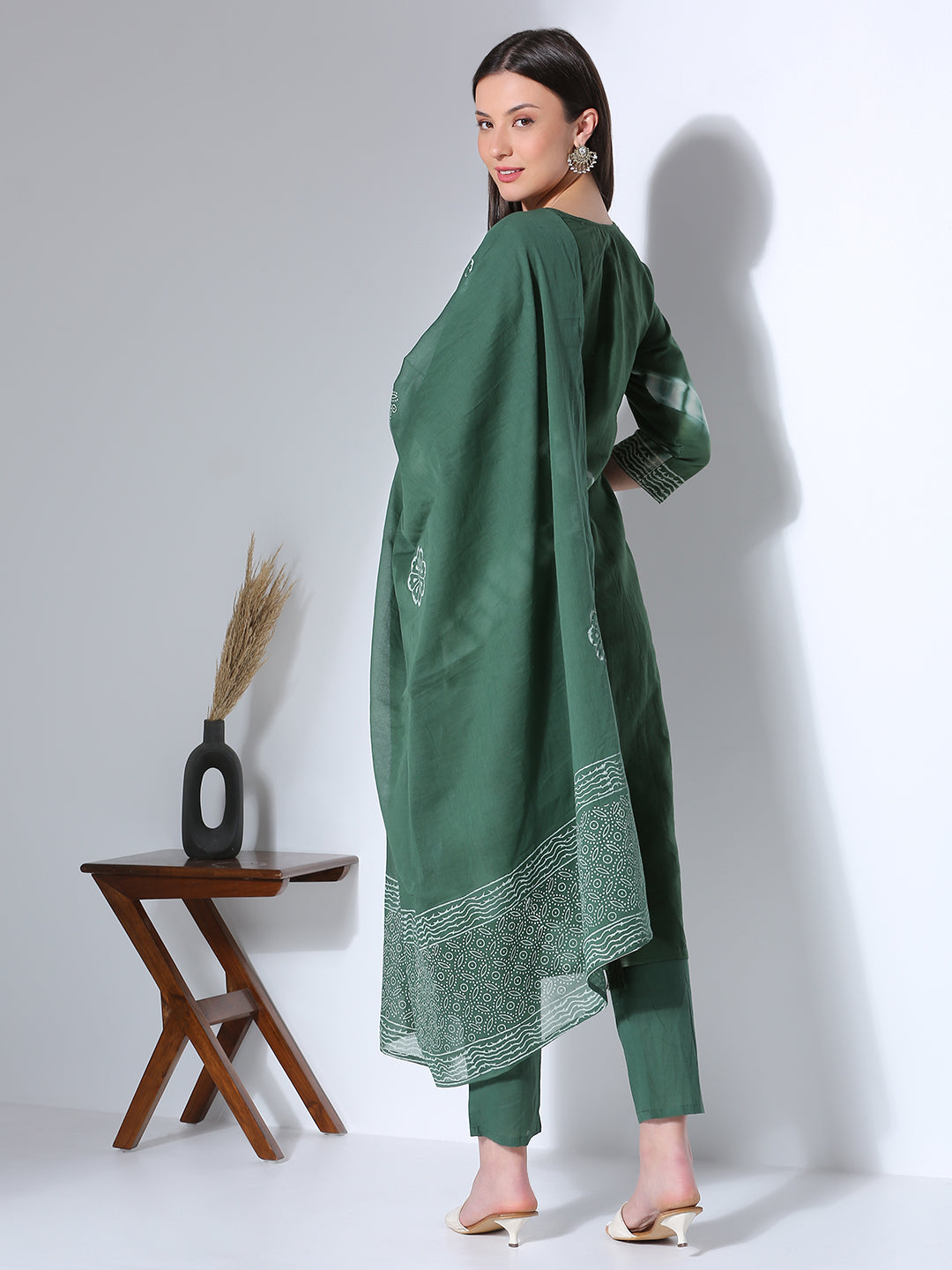 Ethnic Printed Hand Embroidered Straight Fit Kurta with Pant and Dupatta - Green