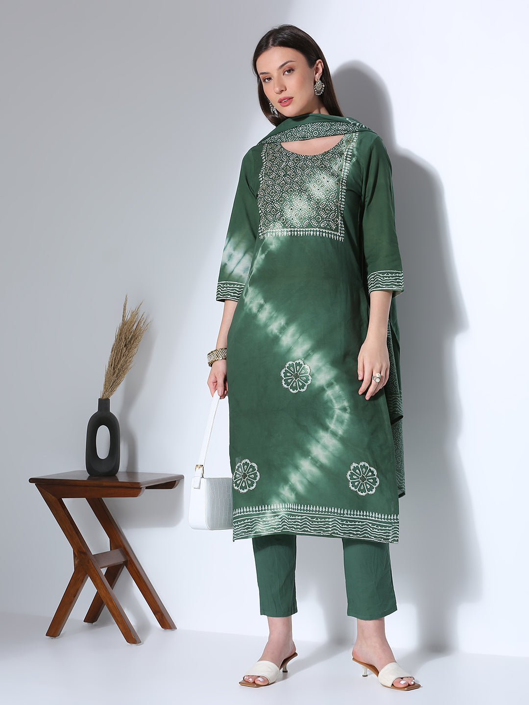 Ethnic Printed Hand Embroidered Straight Fit Kurta with Pant and Dupatta - Green