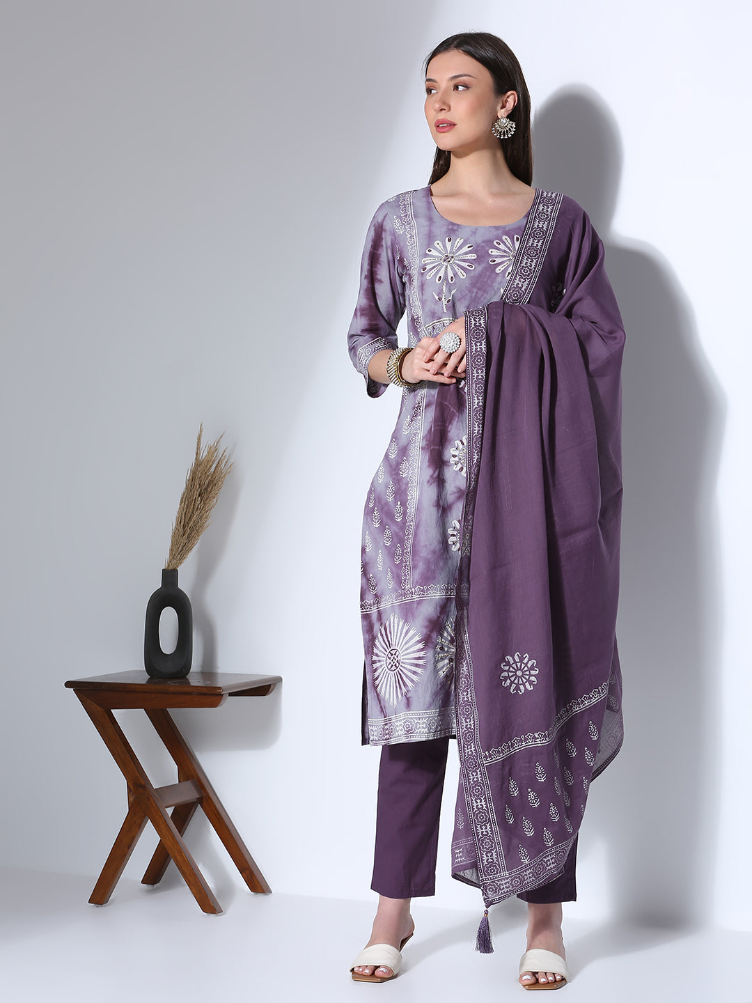 Ethnic Printed Hand Embroidered Straight Fit Kurta with Pant and Dupatta - Lavender