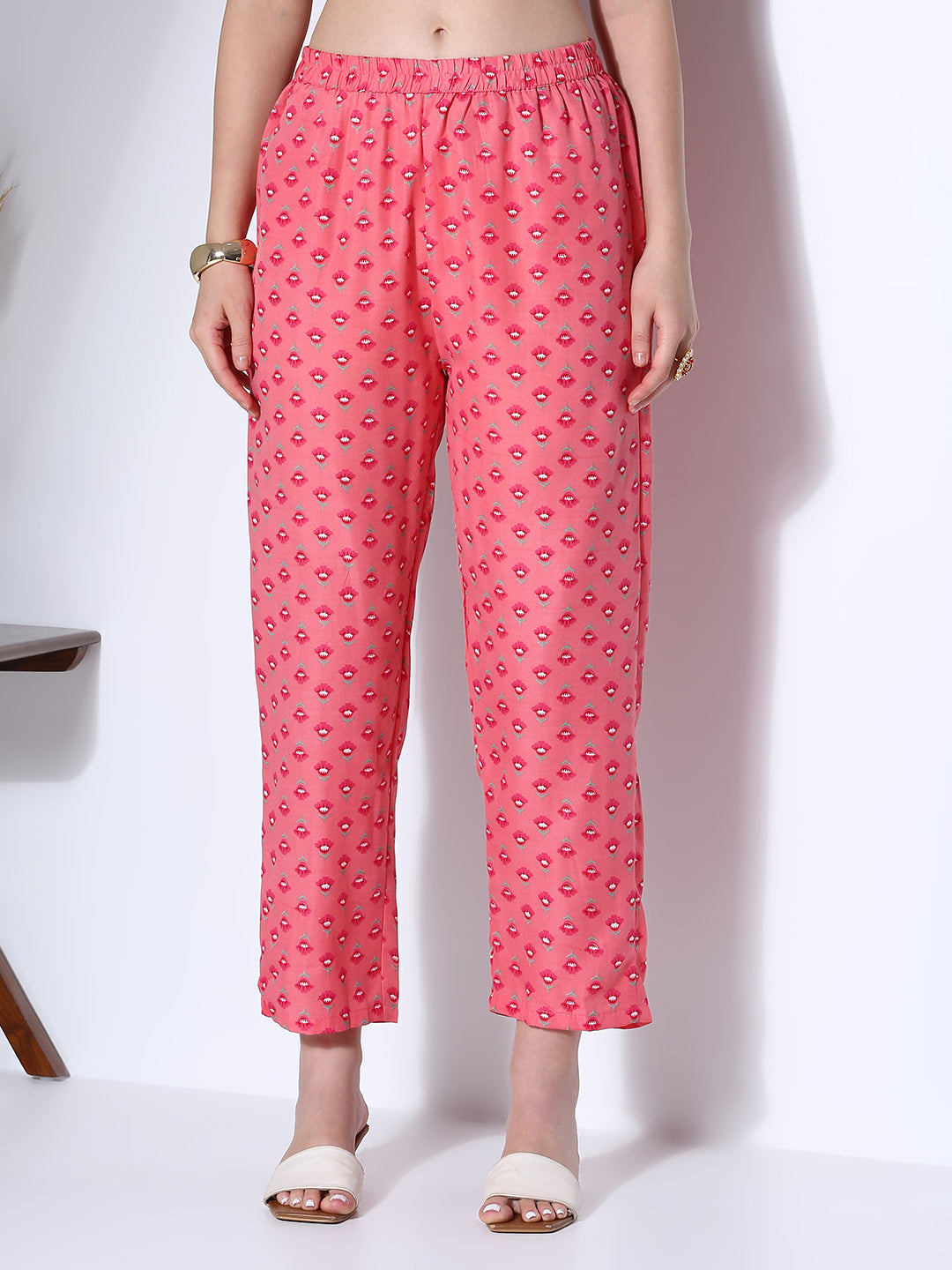 Ethnic Floral Printed & Embroidered Straight Fit Kurta with Pant & Dupatta - Pink