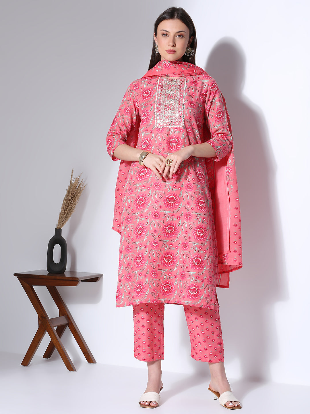 Ethnic Floral Printed & Embroidered Straight Fit Kurta with Pant & Dupatta - Pink