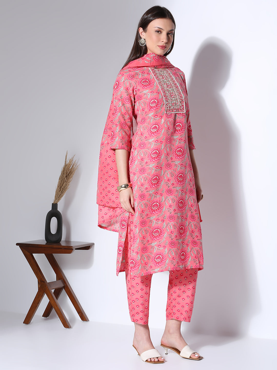 Ethnic Floral Printed & Embroidered Straight Fit Kurta with Pant & Dupatta - Pink