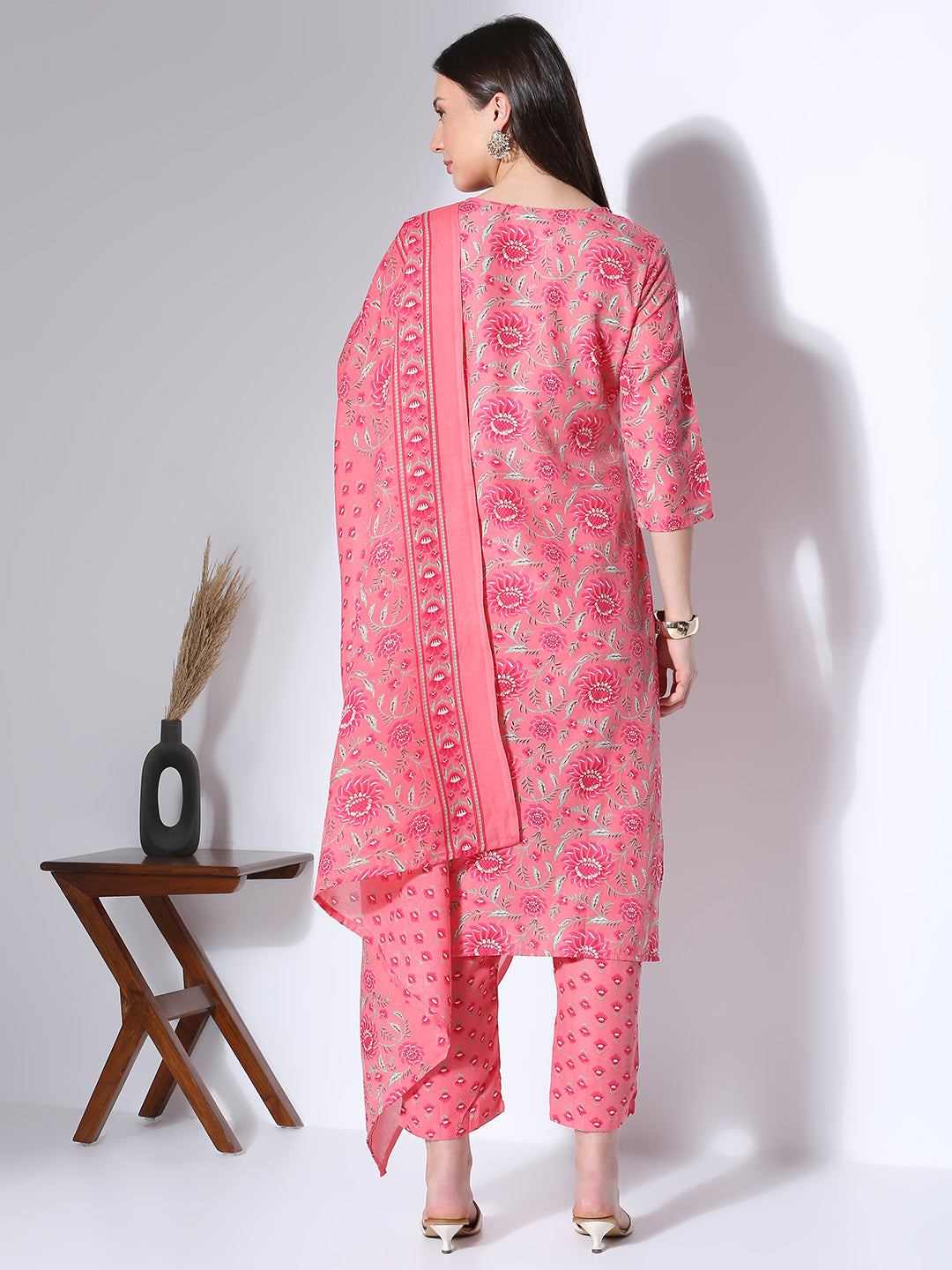 Ethnic Floral Printed & Embroidered Straight Fit Kurta with Pant & Dupatta - Pink