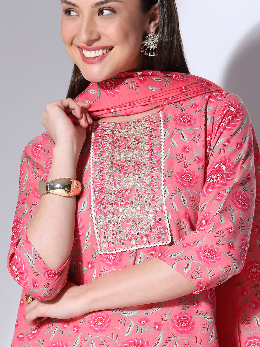 Ethnic Floral Printed & Embroidered Straight Fit Kurta with Pant & Dupatta - Pink