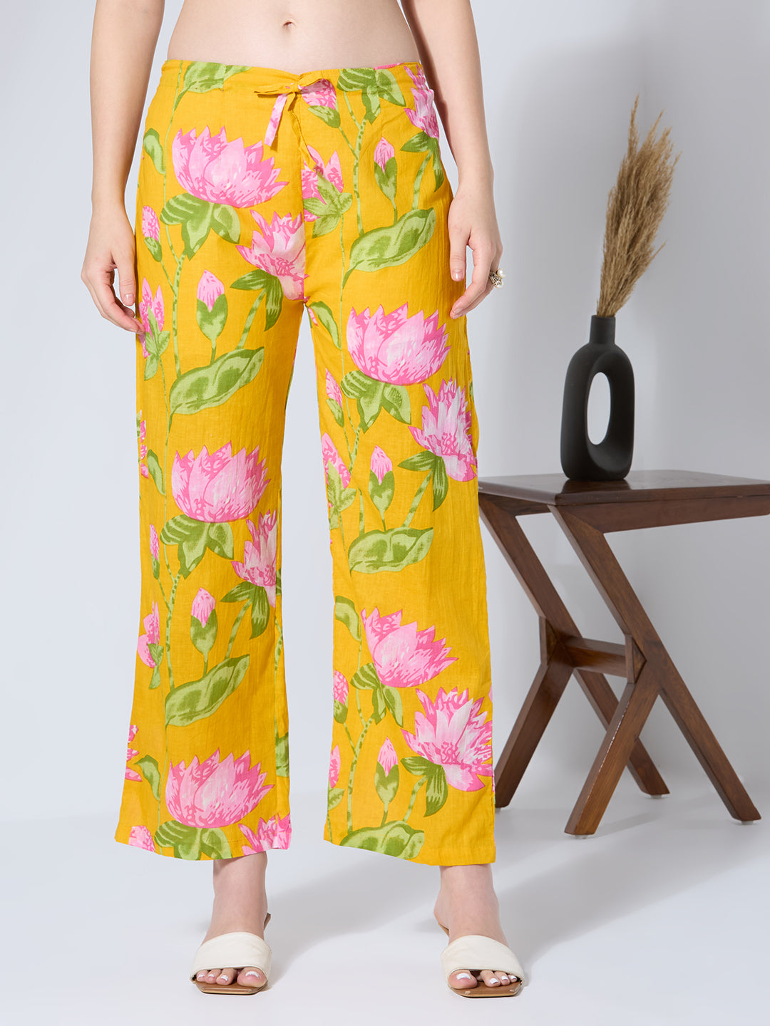 Floral Printed & Embroidered A-Line Paneled Kurta with Palazzo & Dupatta - Yellow