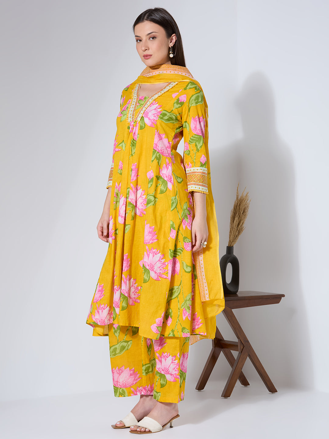 Floral Printed & Embroidered A-Line Paneled Kurta with Palazzo & Dupatta - Yellow