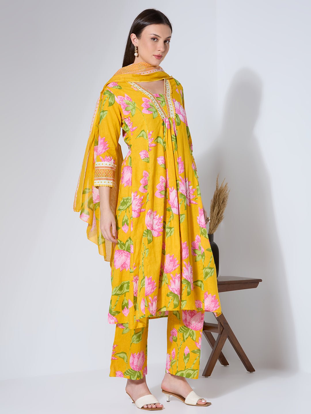 Floral Printed & Embroidered A-Line Paneled Kurta with Palazzo & Dupatta - Yellow