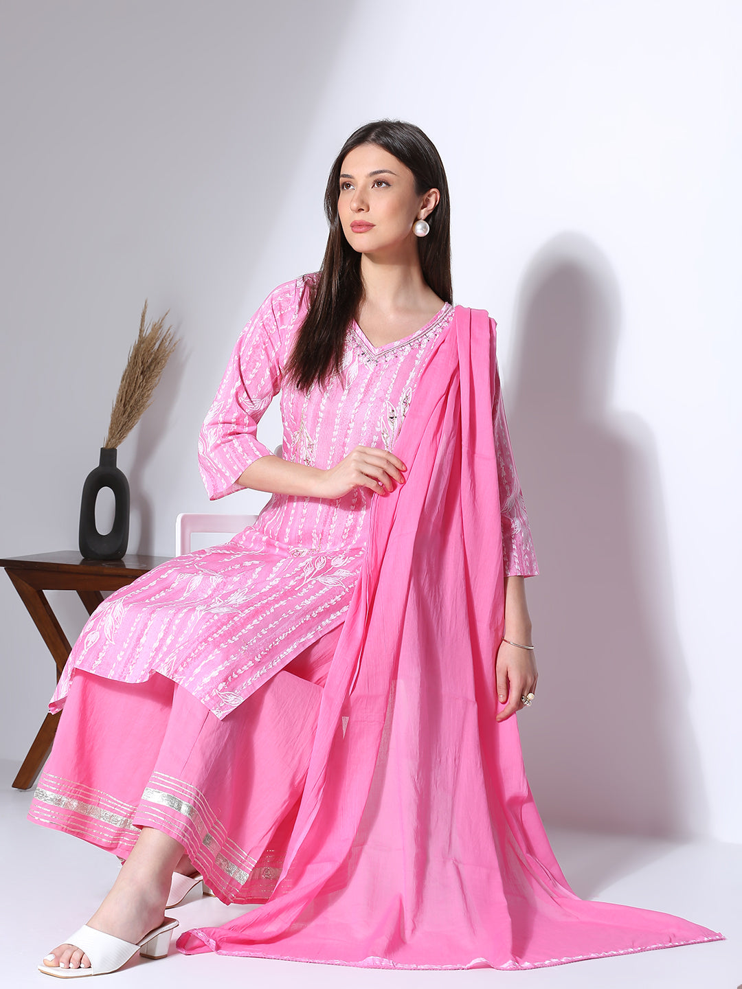 Ethnic Printed Embroidered Straight Fit Kurta with Palazzo and Dupatta - Pink