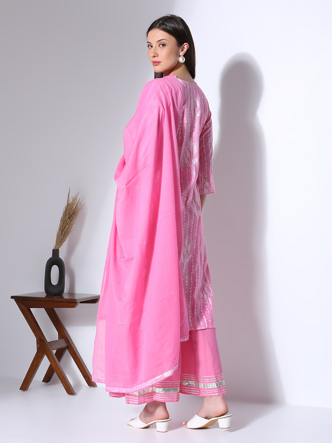 Ethnic Printed Embroidered Straight Fit Kurta with Palazzo and Dupatta - Pink