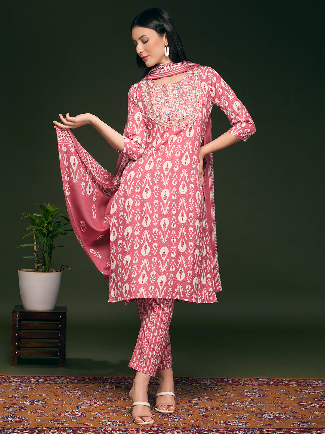 Floral Printed & Embroidered Straight Kurta with Pant & Dupatta - Pink