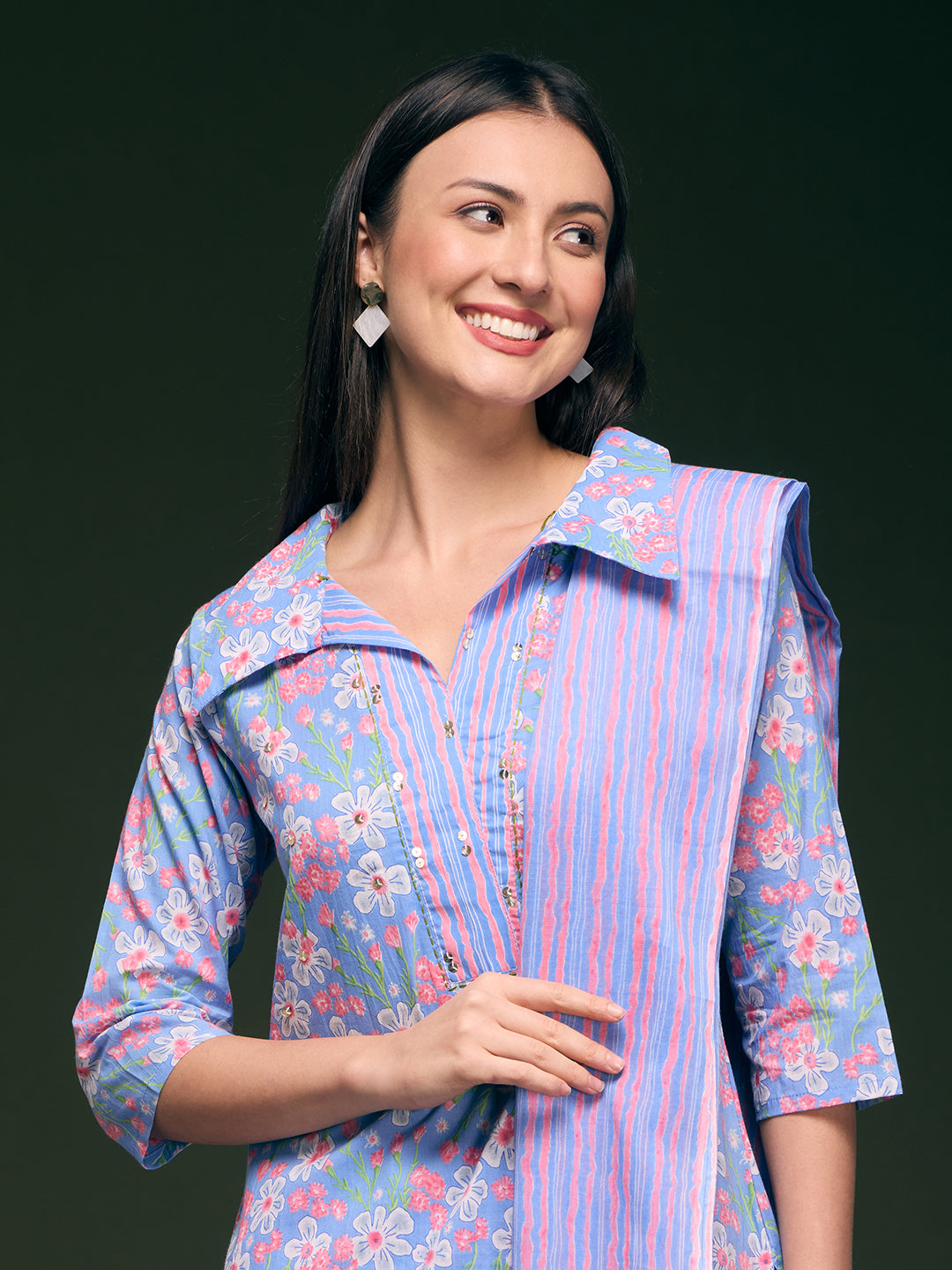 Floral Printed Straight Fit Kurta with Pant & Pure Cotton Dupatta - Blue