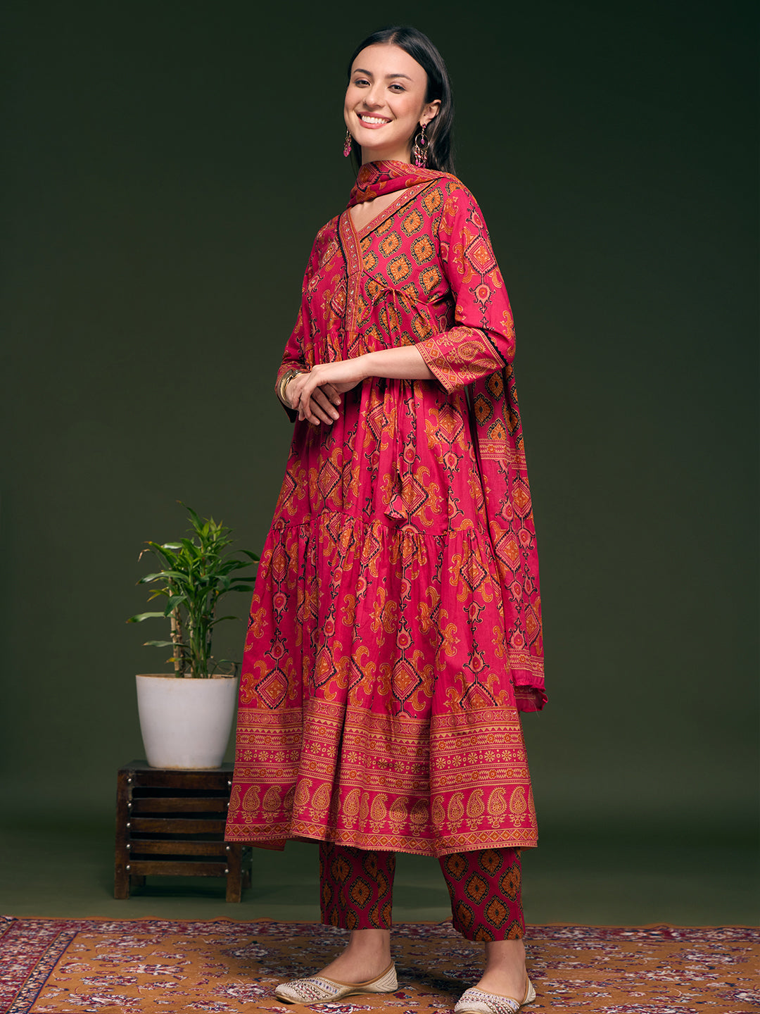 Ethnic Printed & Embroidered Anarkali Flared Kurta with Pant & Dupatta - Pink