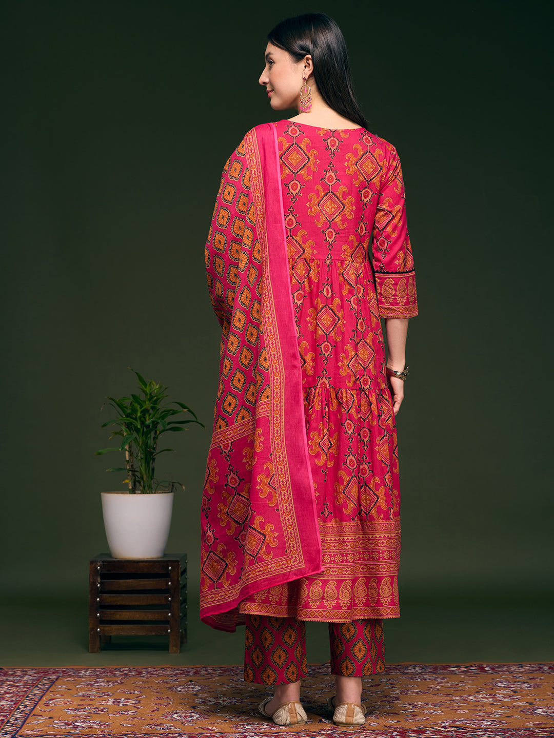 Ethnic Printed & Embroidered Anarkali Flared Kurta with Pant & Dupatta - Pink