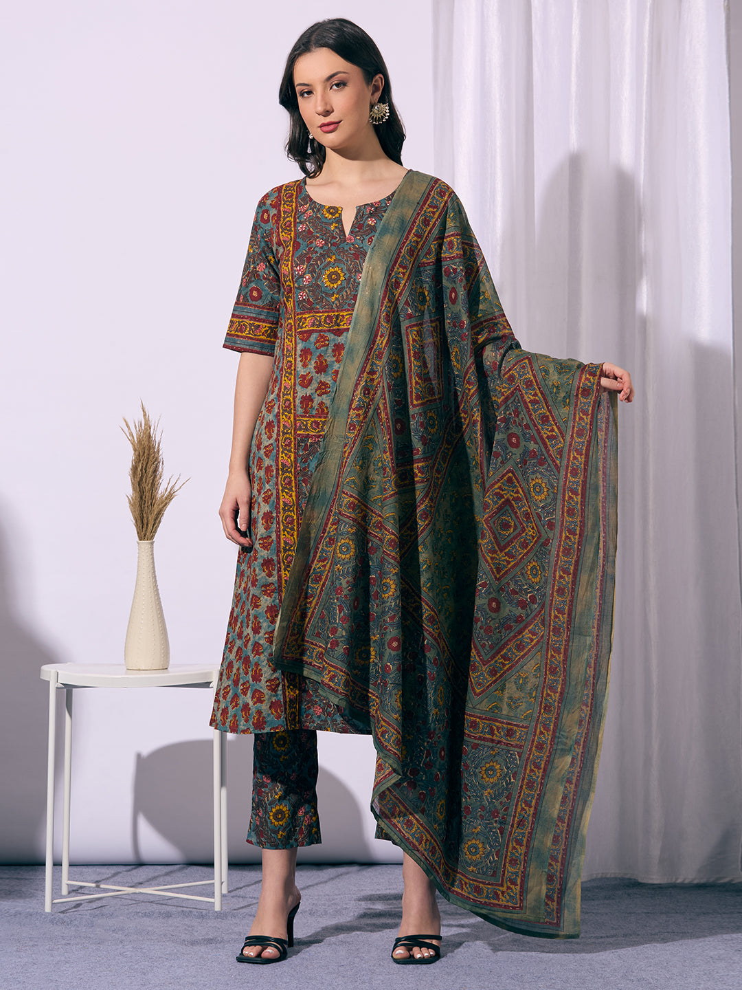 Ethnic Floral Printed A-Line Kurta with Pant & Dupatta - Multi