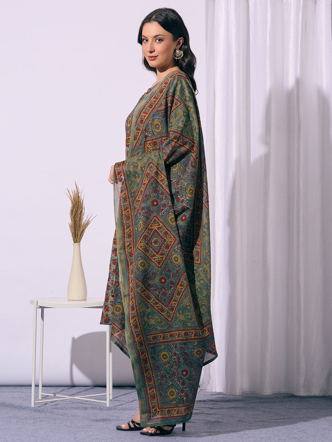 Ethnic Floral Printed A-Line Kurta with Pant & Dupatta - Multi