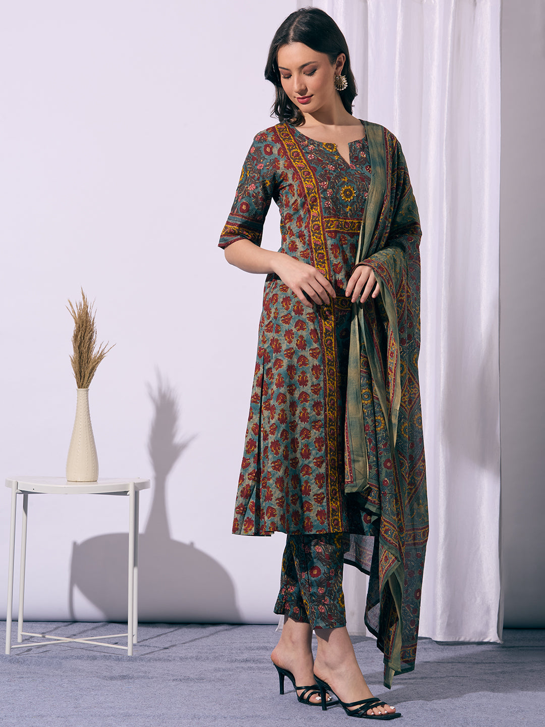Ethnic Floral Printed A-Line Kurta with Pant & Dupatta - Multi