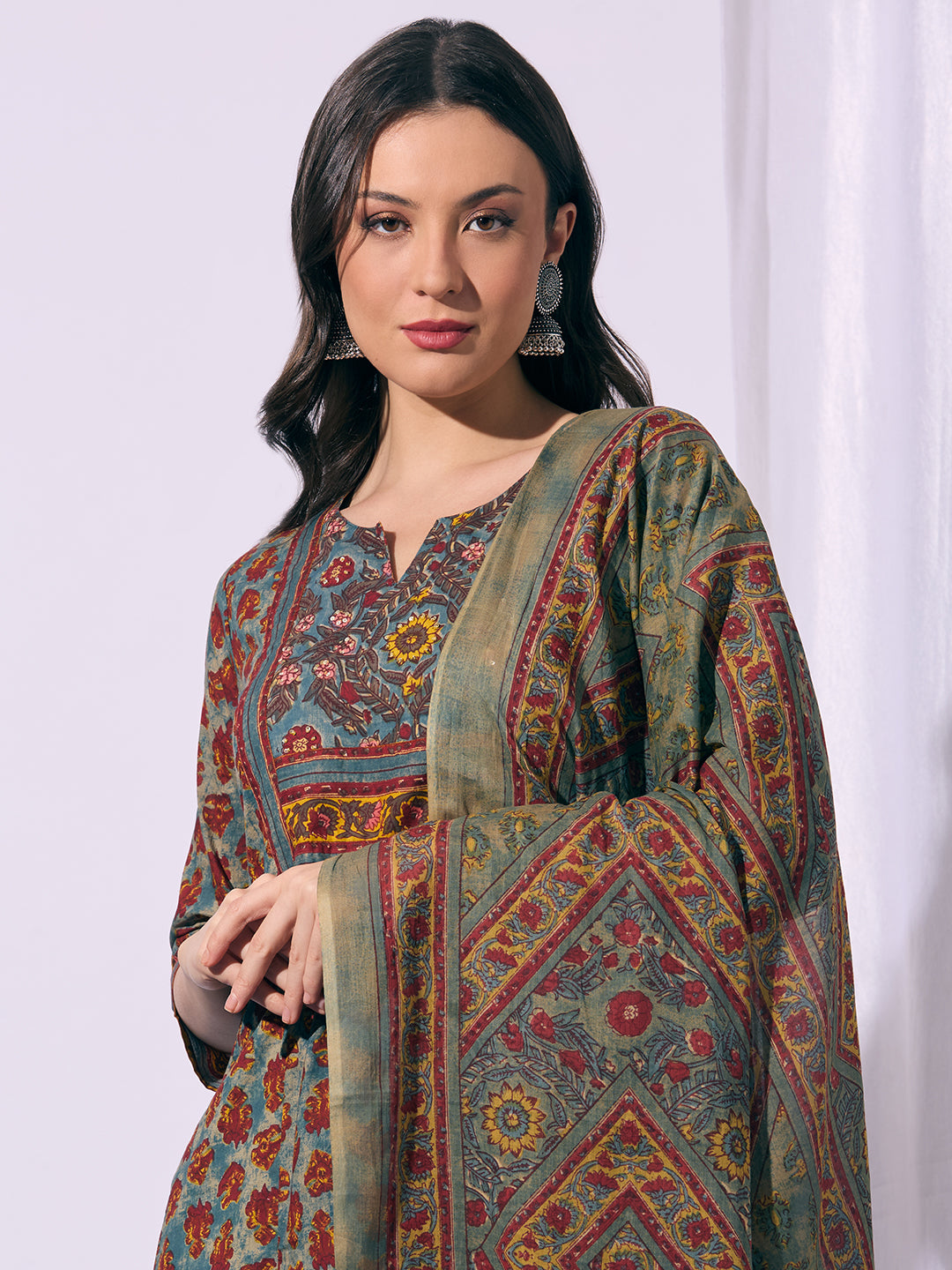 Ethnic Floral Printed Straight Fit Kurta with Pant and Dupatta - Teal
