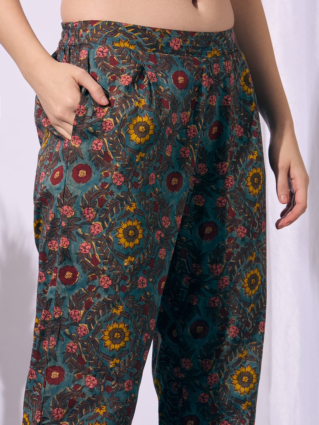 Ethnic Floral Printed Straight Fit Kurta with Pant and Dupatta - Teal