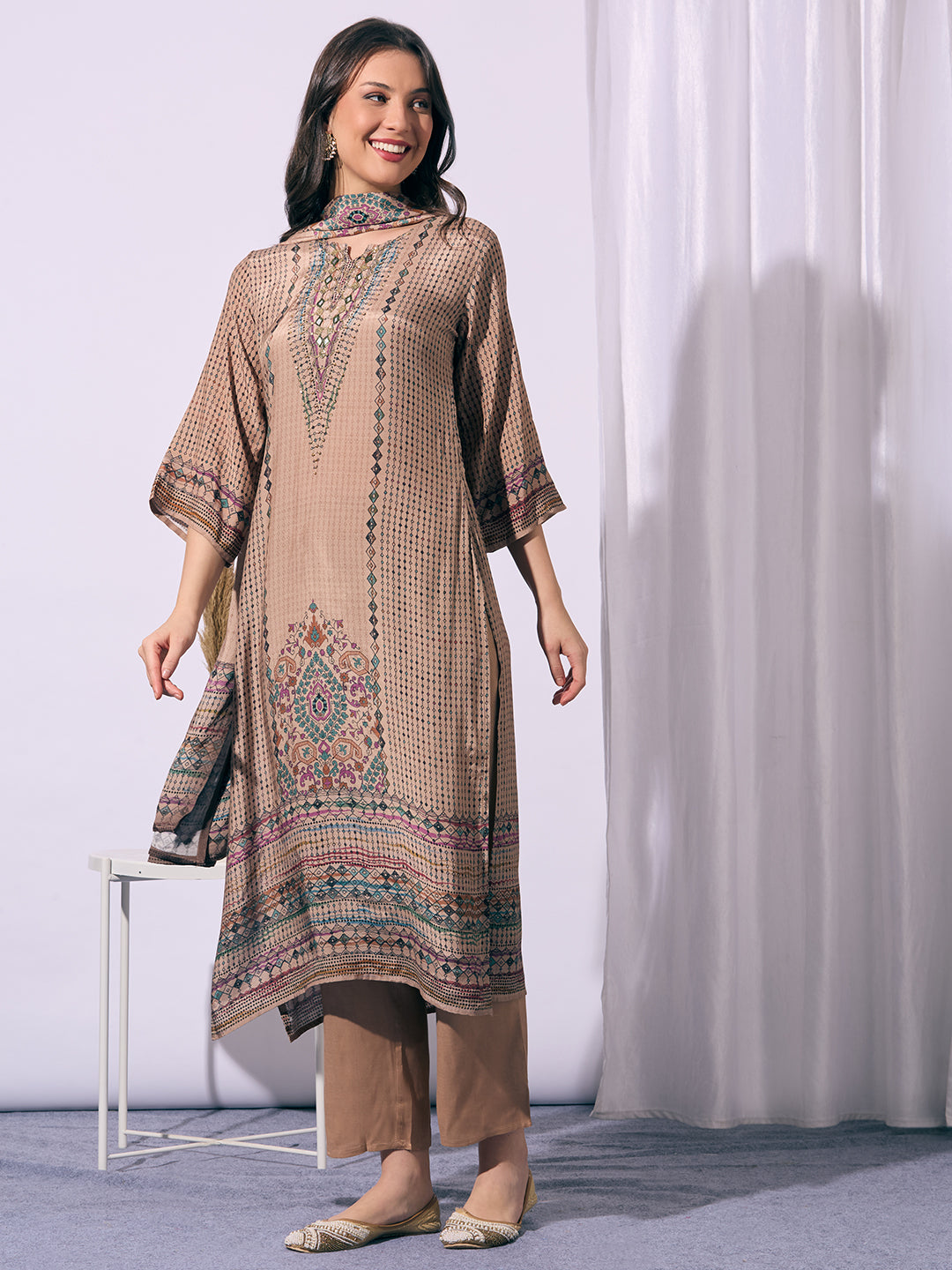 Ethnic Floral Printed Embroidered Straight Fit Kurta with Pant and Dupatta - Beige