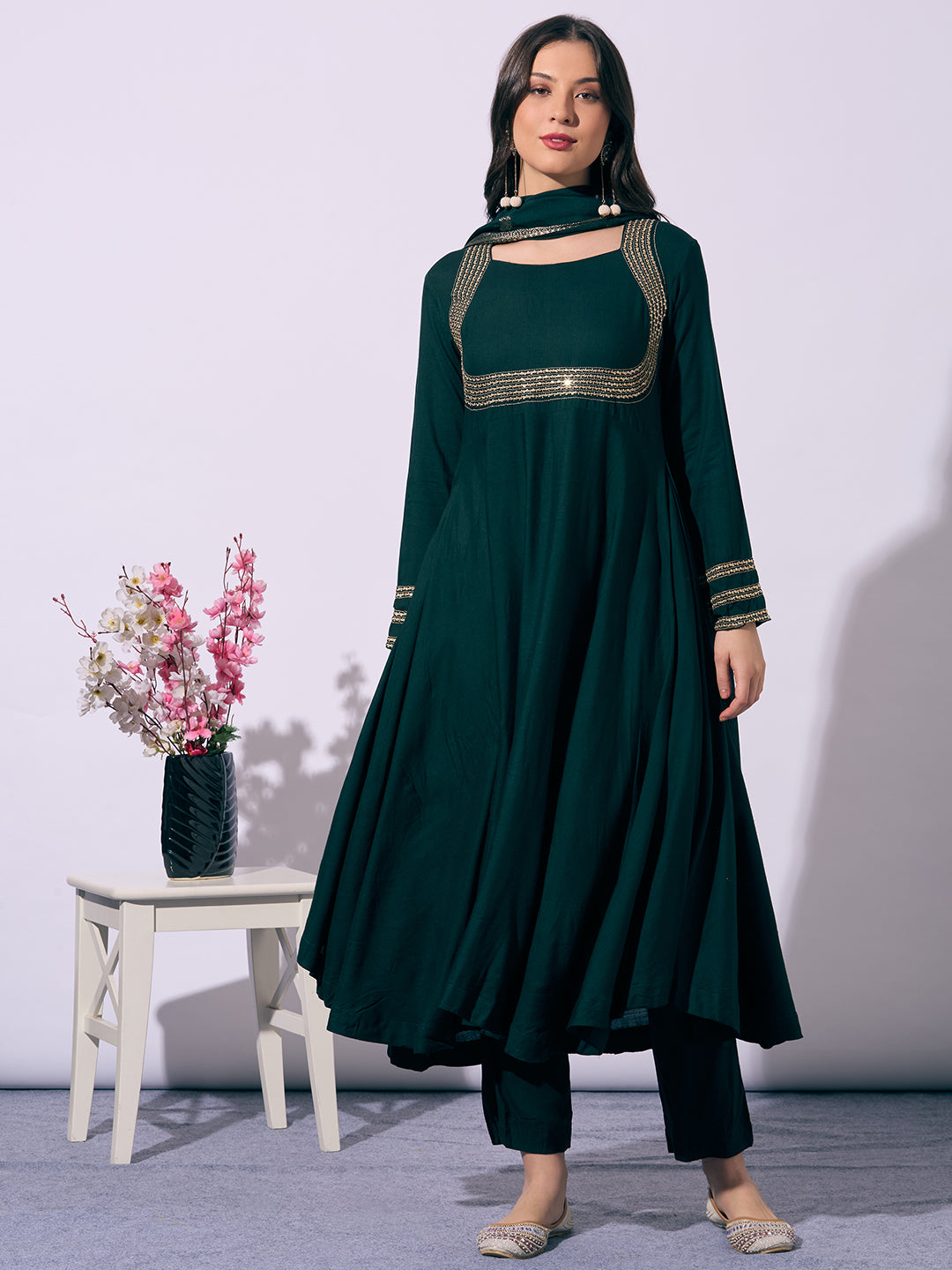 Solid Ethnic Embroidered Anarkali Flared Kurta with Pant and Dupatta - Green