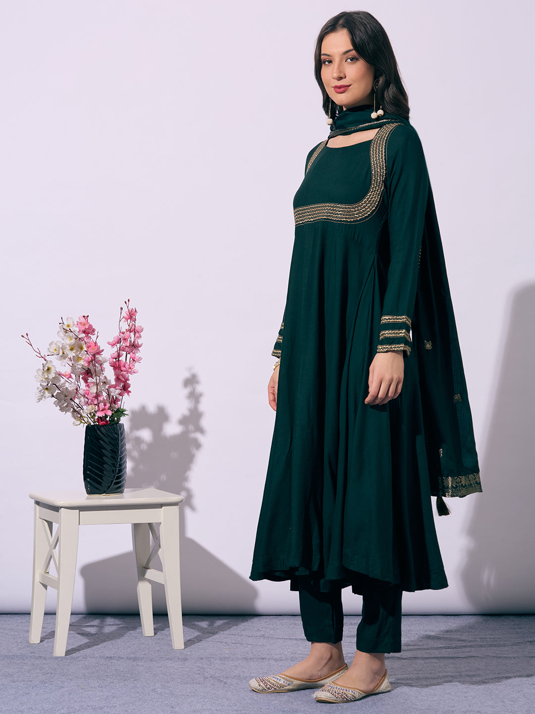Solid Ethnic Embroidered Anarkali Flared Kurta with Pant and Dupatta - Green