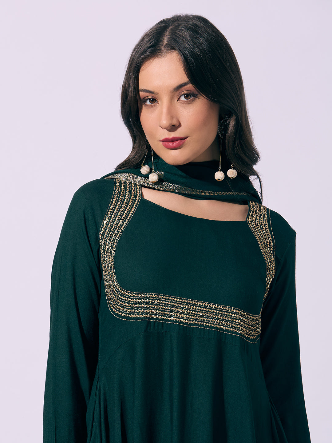 Solid Ethnic Embroidered Anarkali Flared Kurta with Pant and Dupatta - Green
