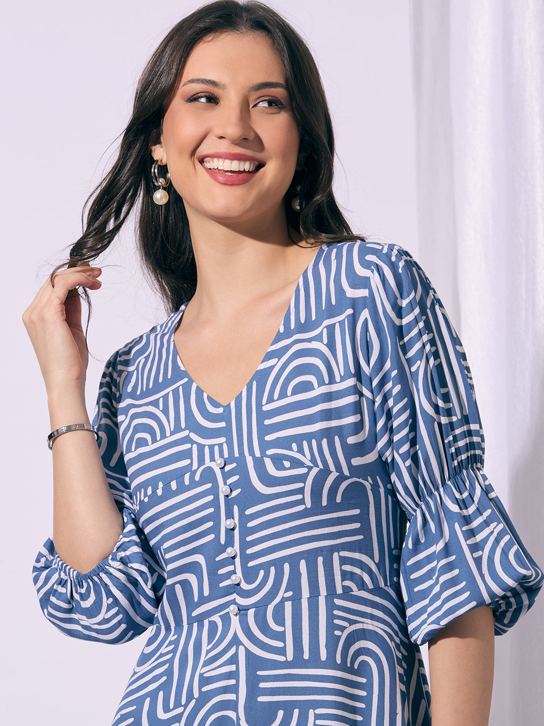 Abstract Printed A-Line Fit & Flared Maxi Dress - Blue