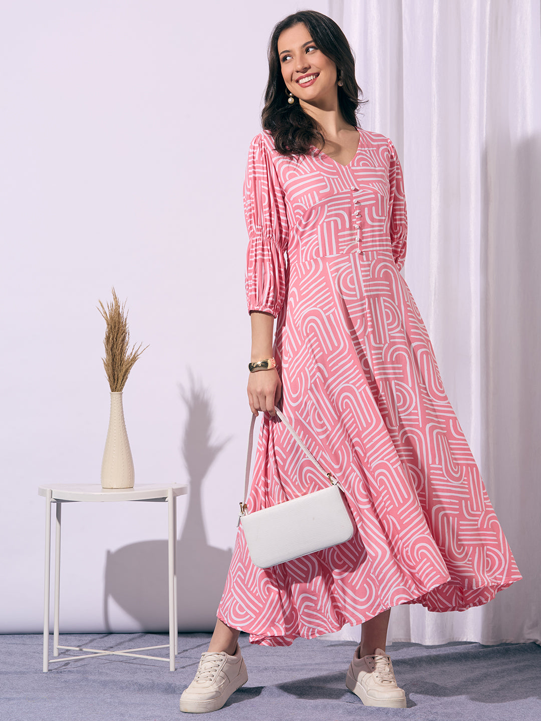 Abstract Printed A-Line Fit & Flared Maxi Dress - Pink