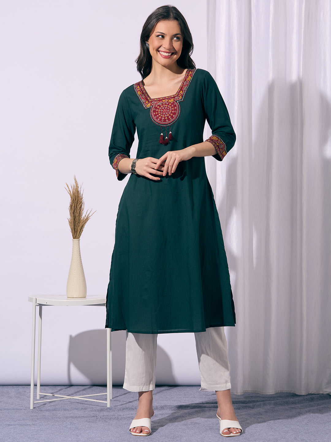 Solid Ethnic Printed A-Line Flared Kurta - Green