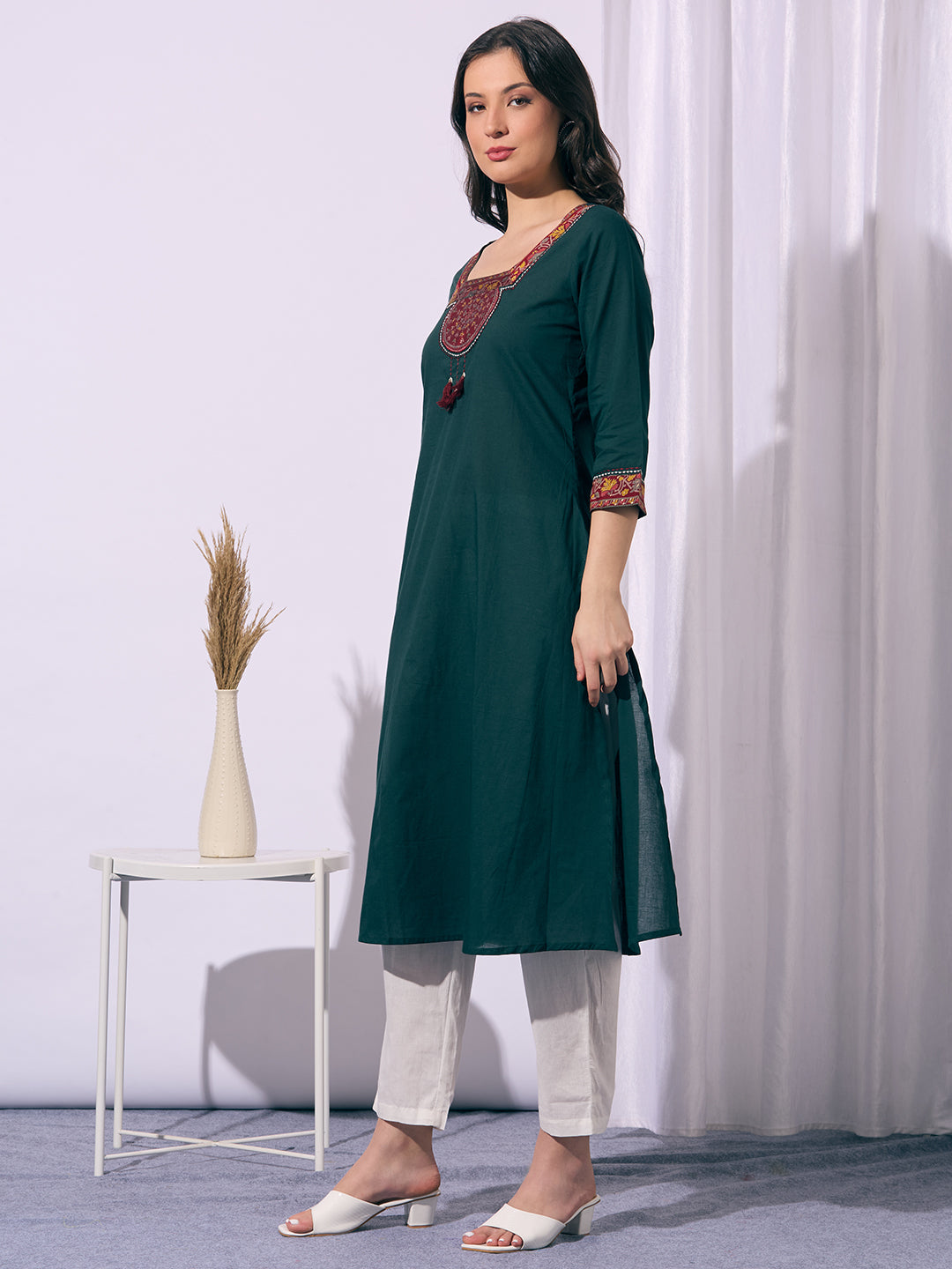Solid Ethnic Printed A-Line Flared Kurta - Green