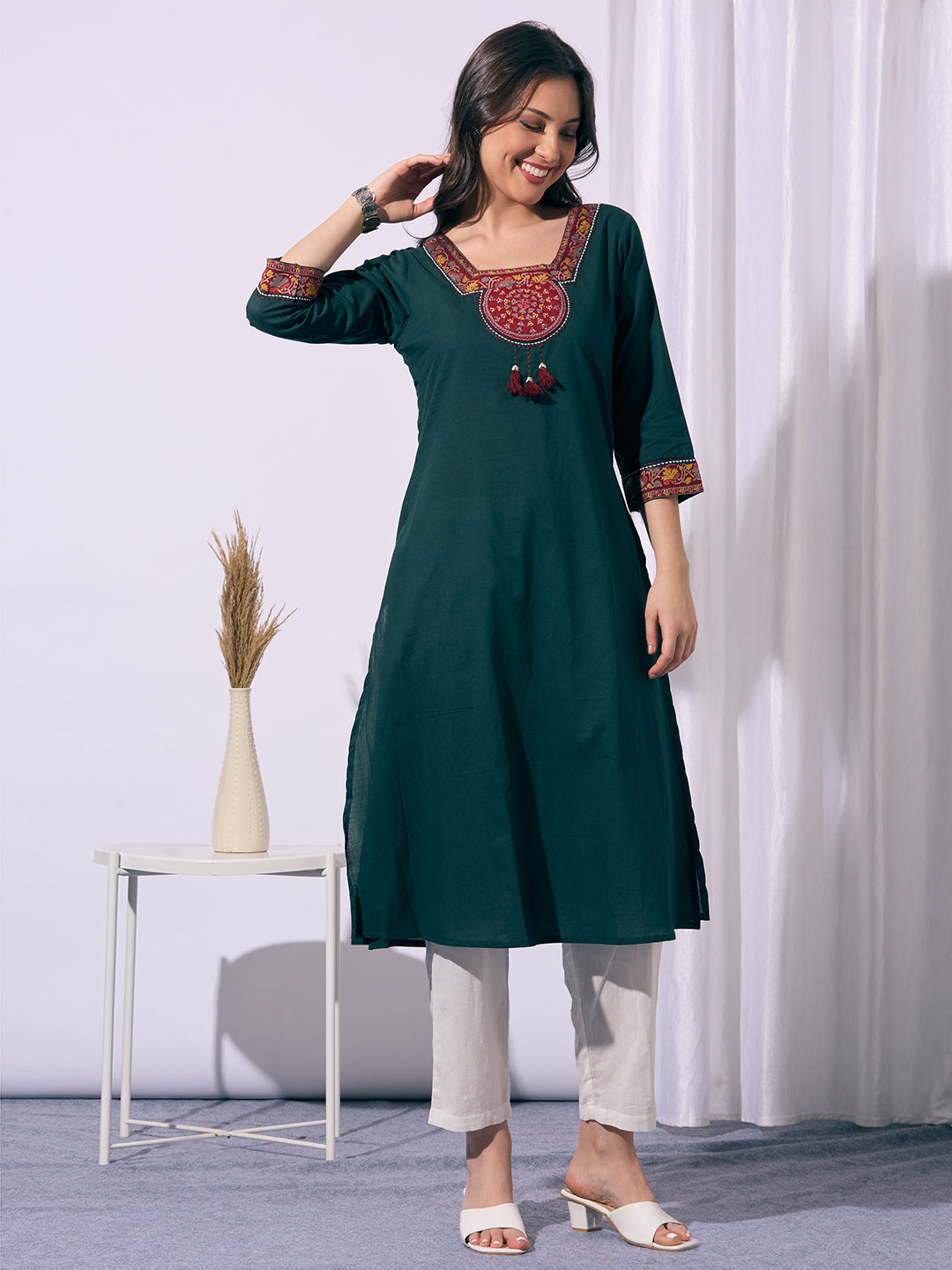 Solid Ethnic Printed A-Line Flared Kurta - Green