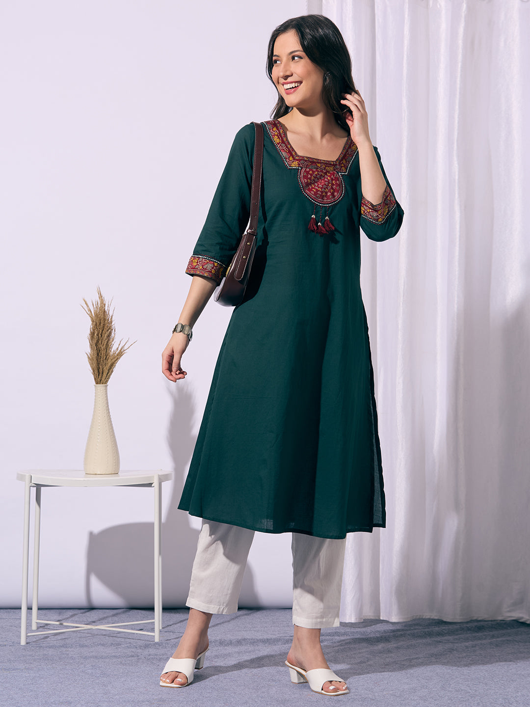 Solid Ethnic Printed A-Line Flared Kurta - Green