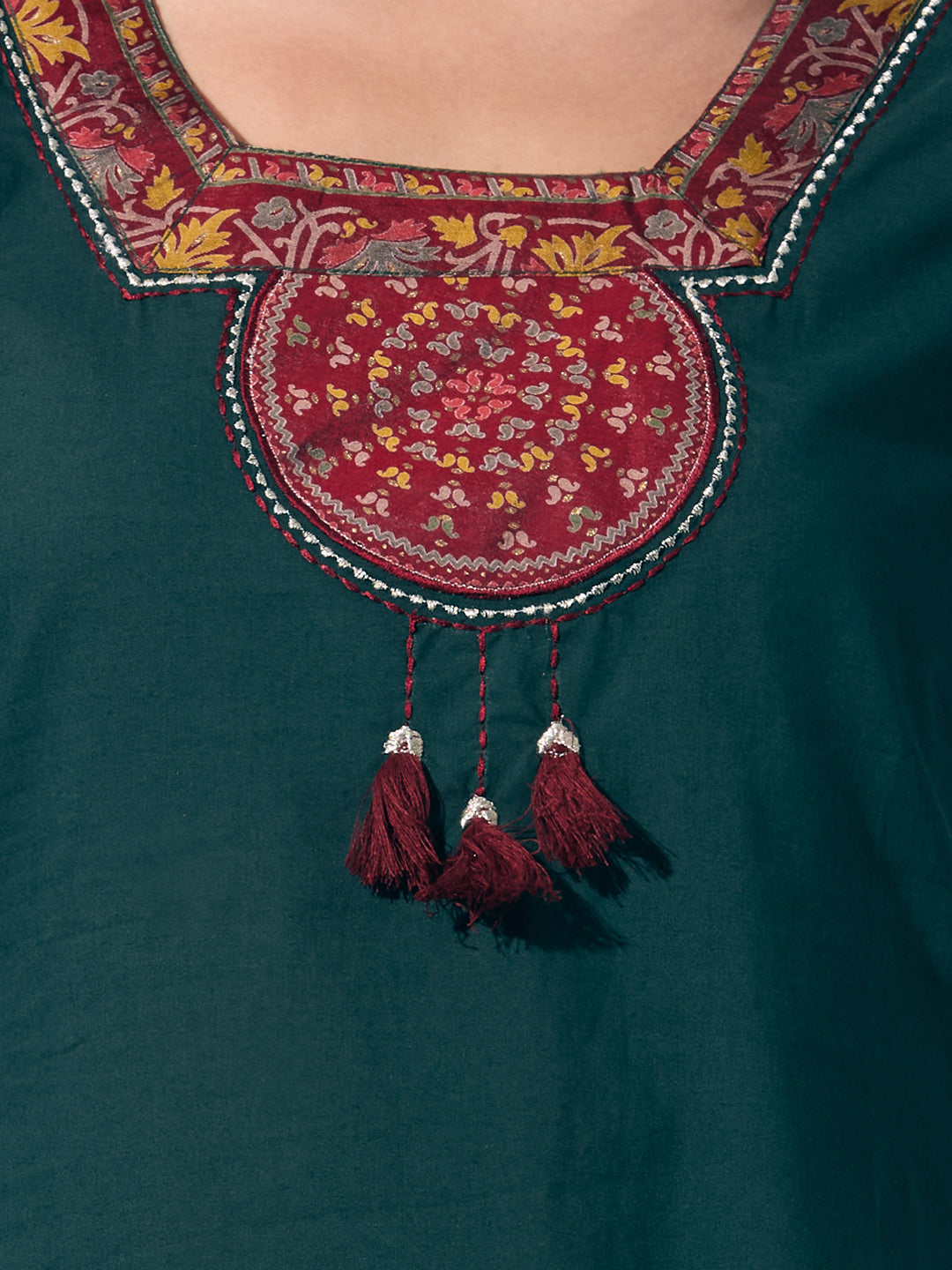 Solid Ethnic Printed A-Line Flared Kurta - Green