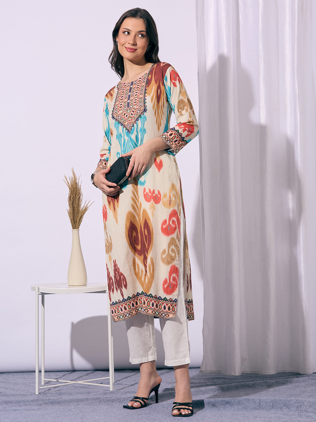 Ethnic Ikat Printed Straight Fit Kurta - Multi