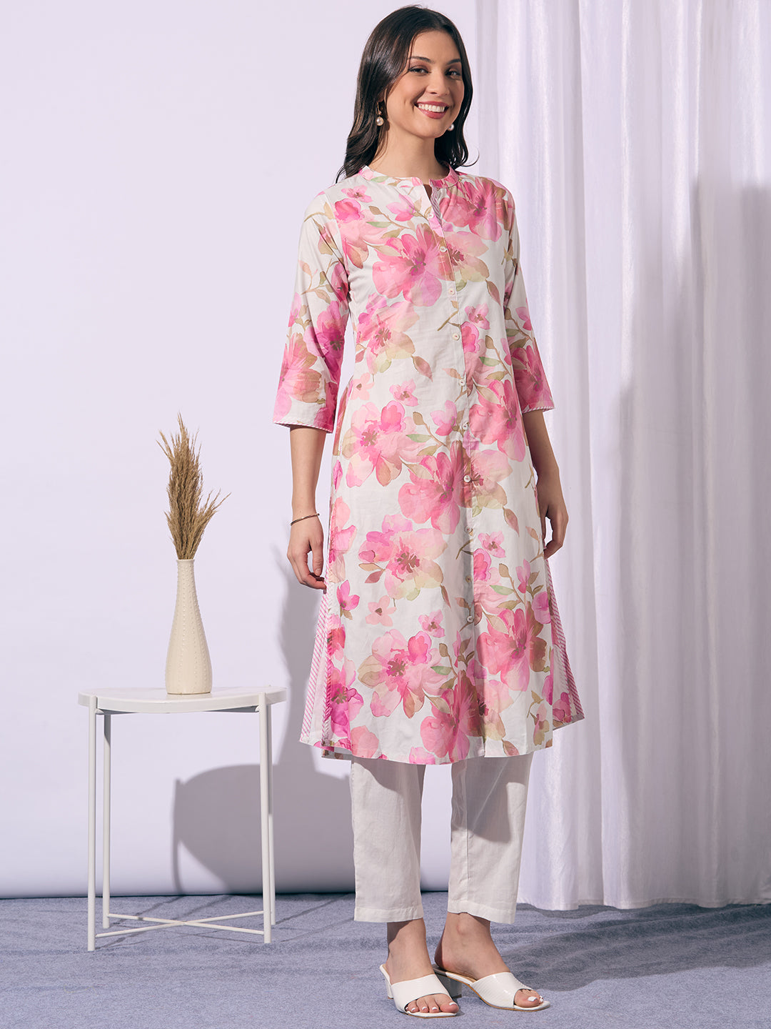 Abstract Floral Printed A-Line Flared Kurta - Pink