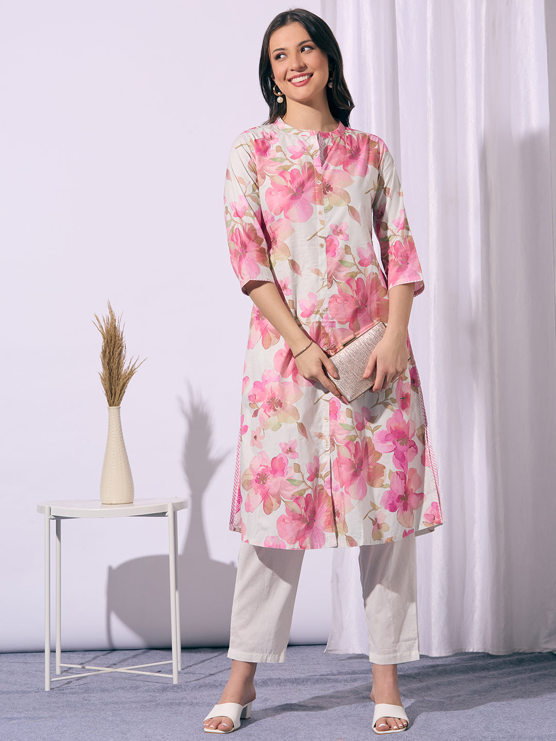 Abstract Floral Printed A-Line Flared Kurta - Pink