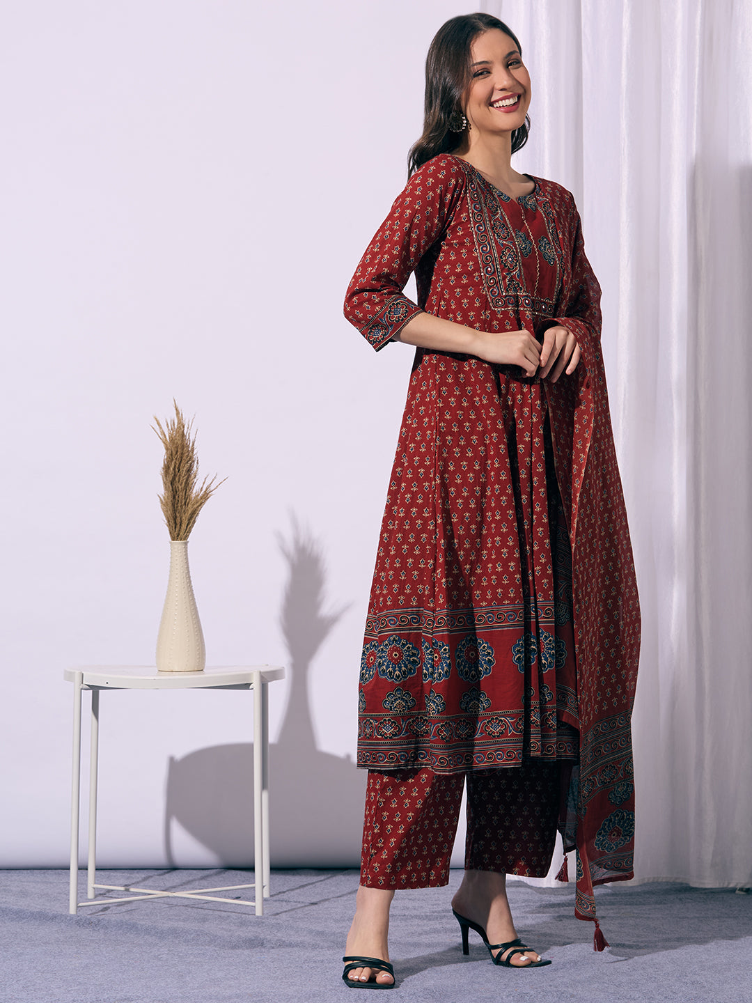 Ethnic Printed & Embroidered Anarkali Flared Kurta with Palazzo & Dupatta - Red