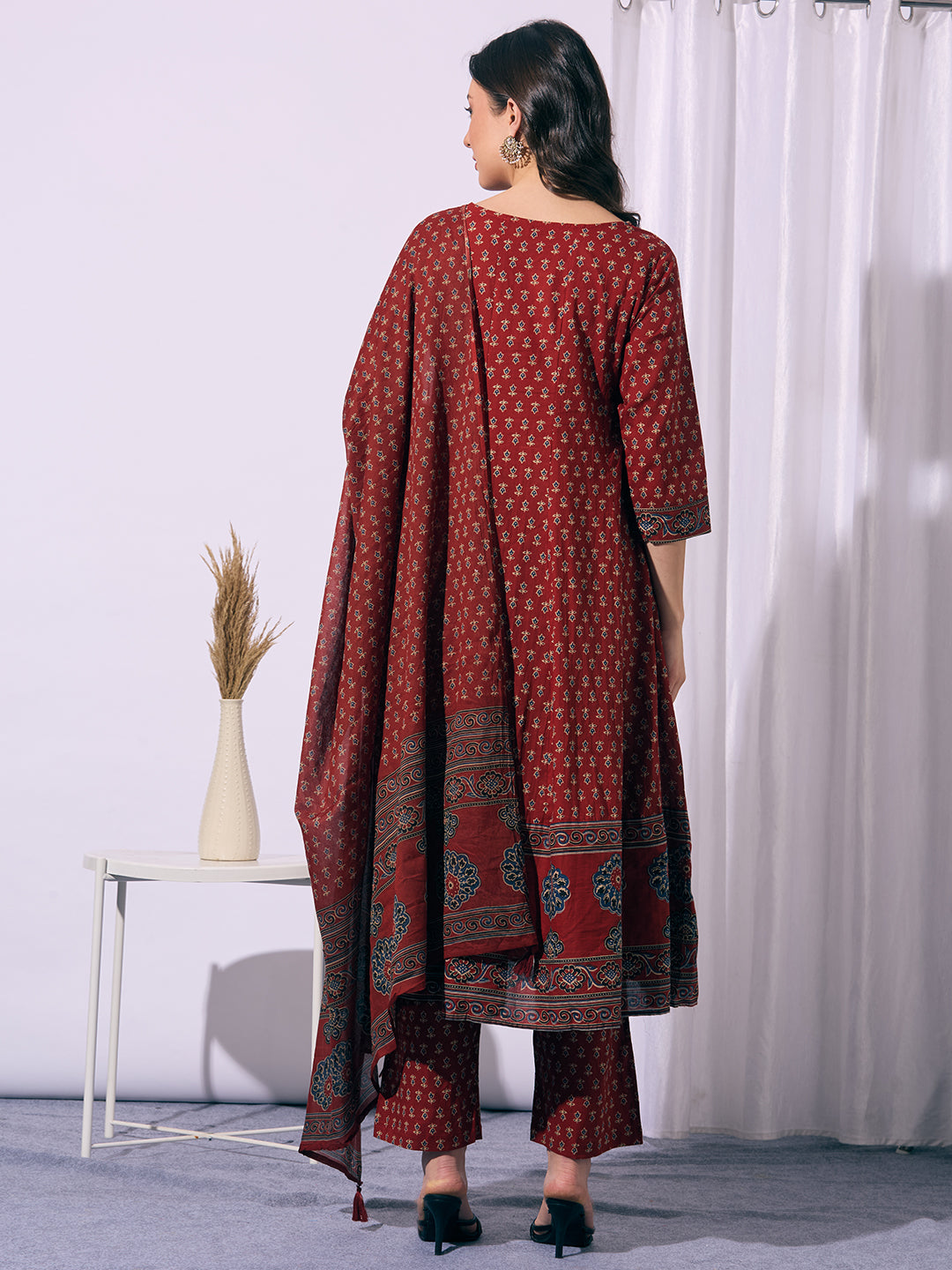 Ethnic Printed & Embroidered Anarkali Flared Kurta with Palazzo & Dupatta - Red