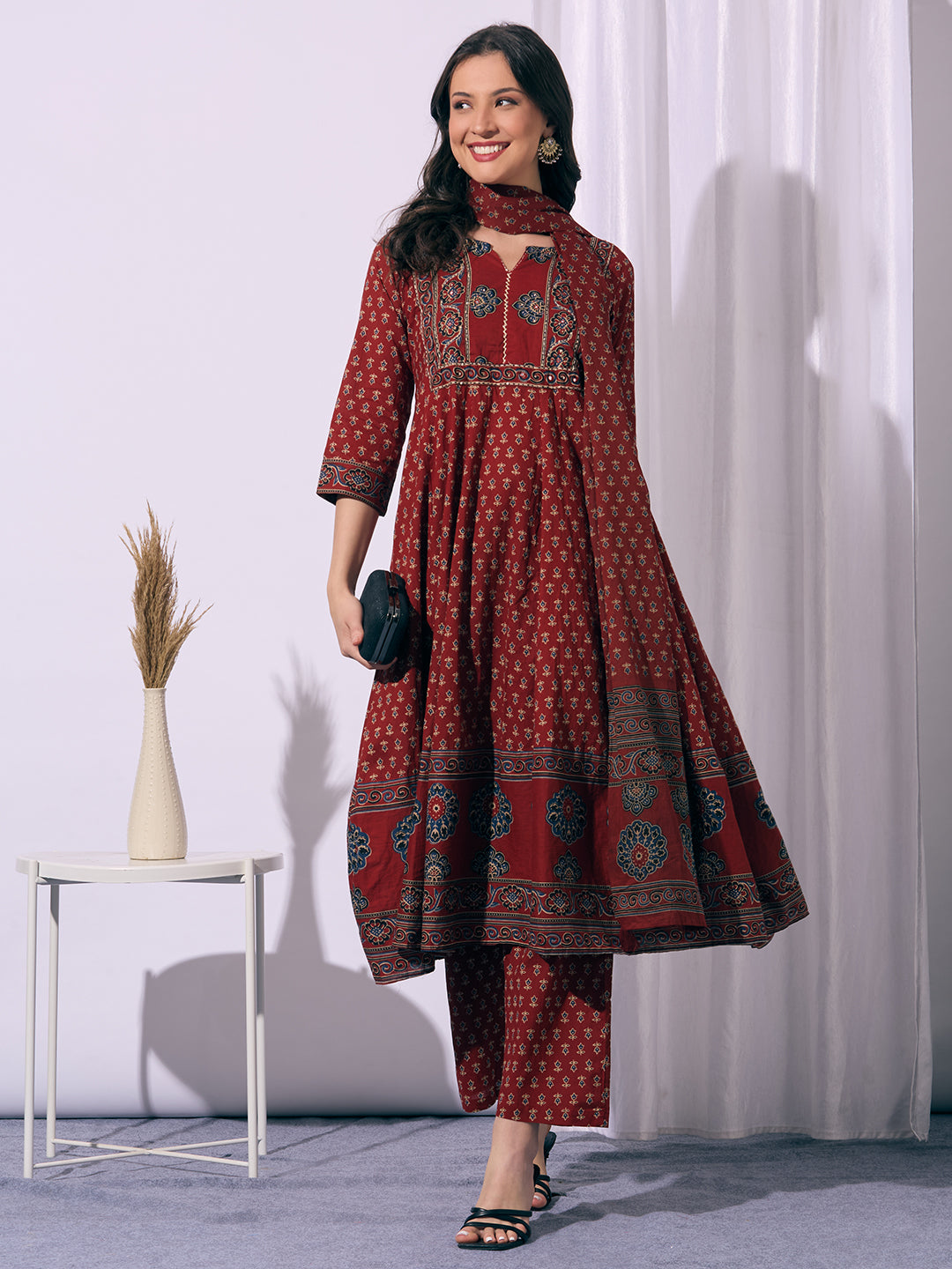 Ethnic Printed & Embroidered Anarkali Flared Kurta with Palazzo & Dupatta - Red