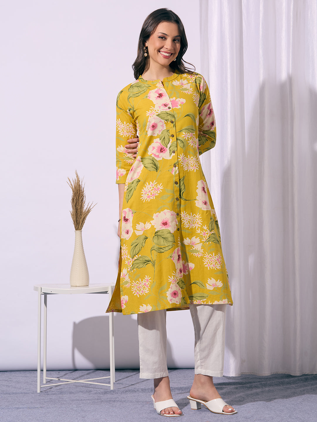 Abstract Floral Printed A-Line Cotton Flax Kurta - Yellow