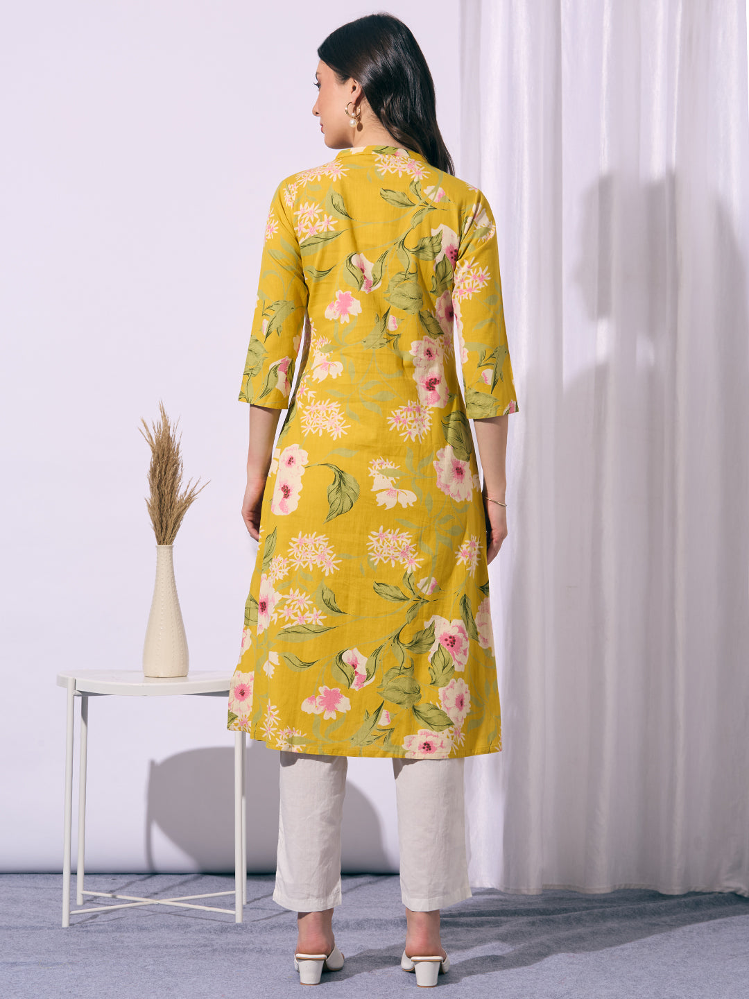 Abstract Floral Printed A-Line Cotton Flax Kurta - Yellow