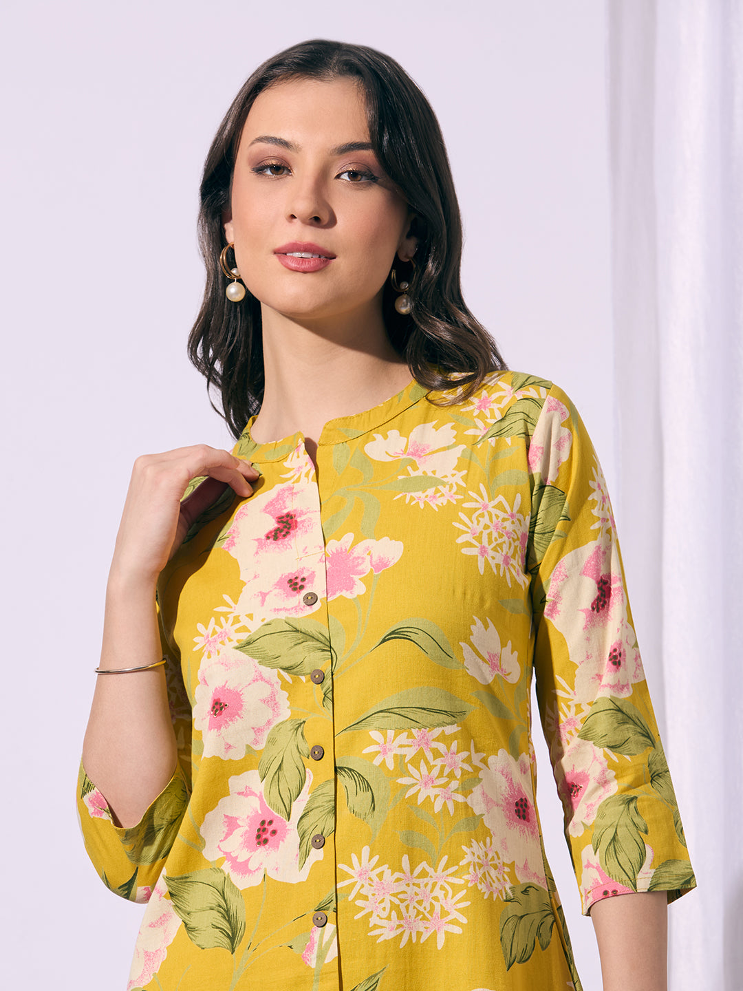 Abstract Floral Printed A-Line Cotton Flax Kurta - Yellow