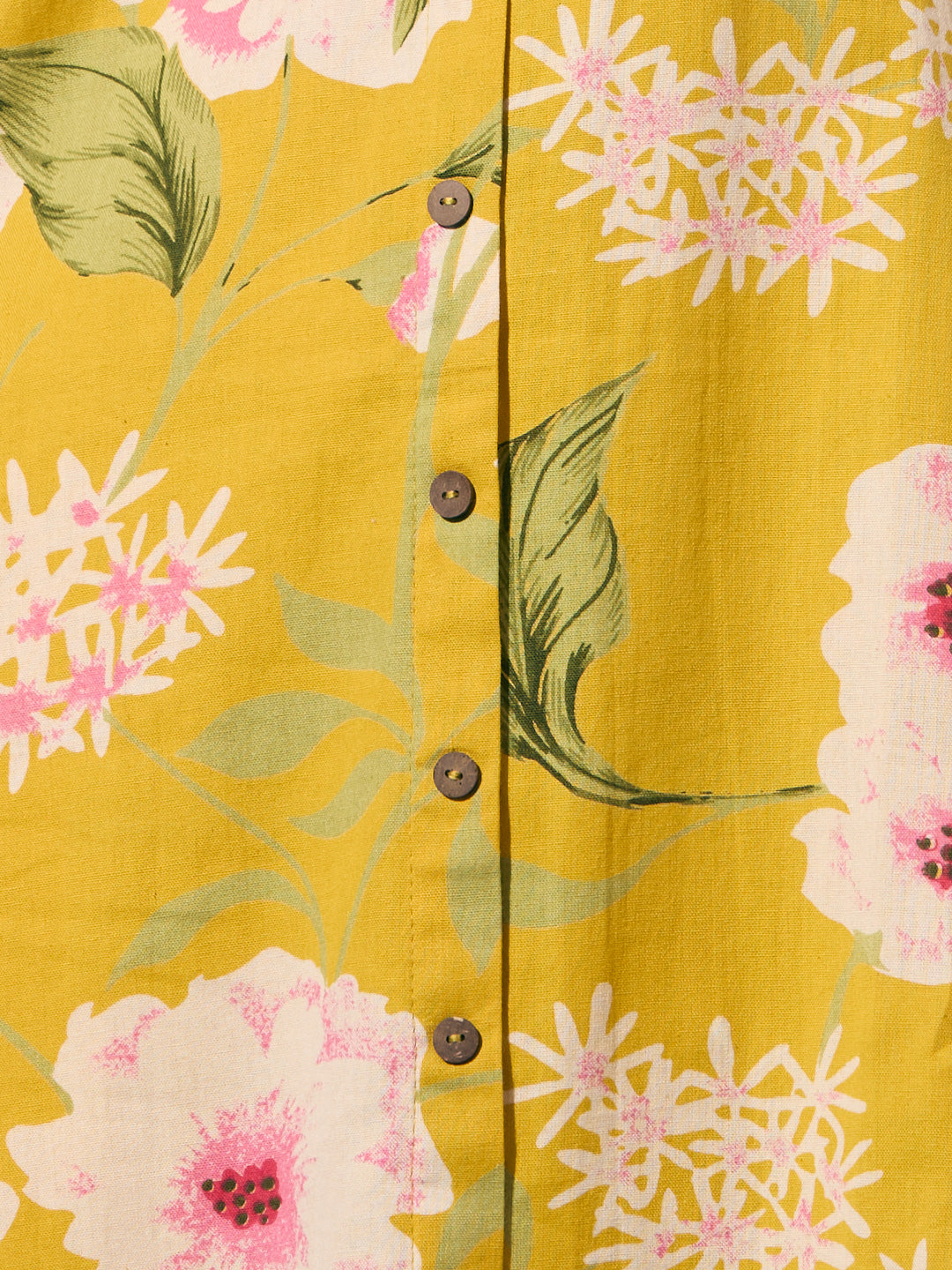 Abstract Floral Printed A-Line Cotton Flax Kurta - Yellow