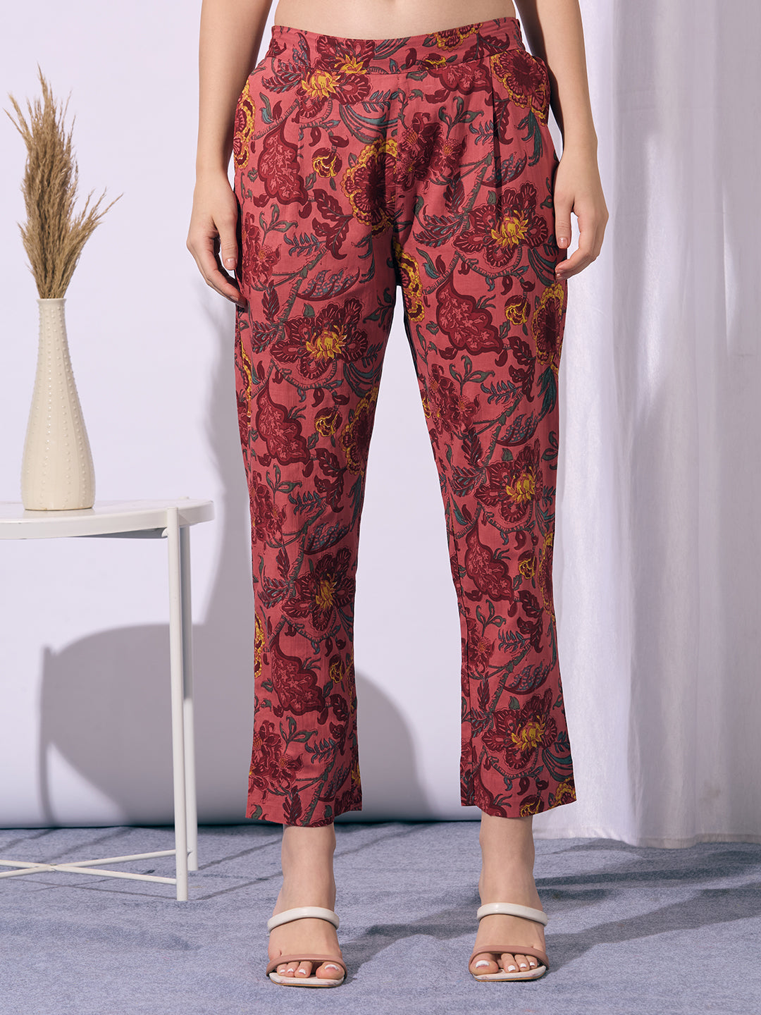 Ethnic Floral Printed A-Line Flared Kurta with Pant - Peach