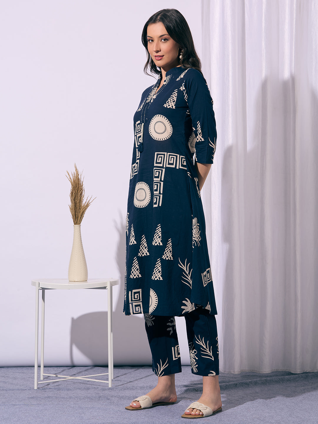 Ethnic Floral Printed A-Line Flared Kurta with Pant - Navy Blue