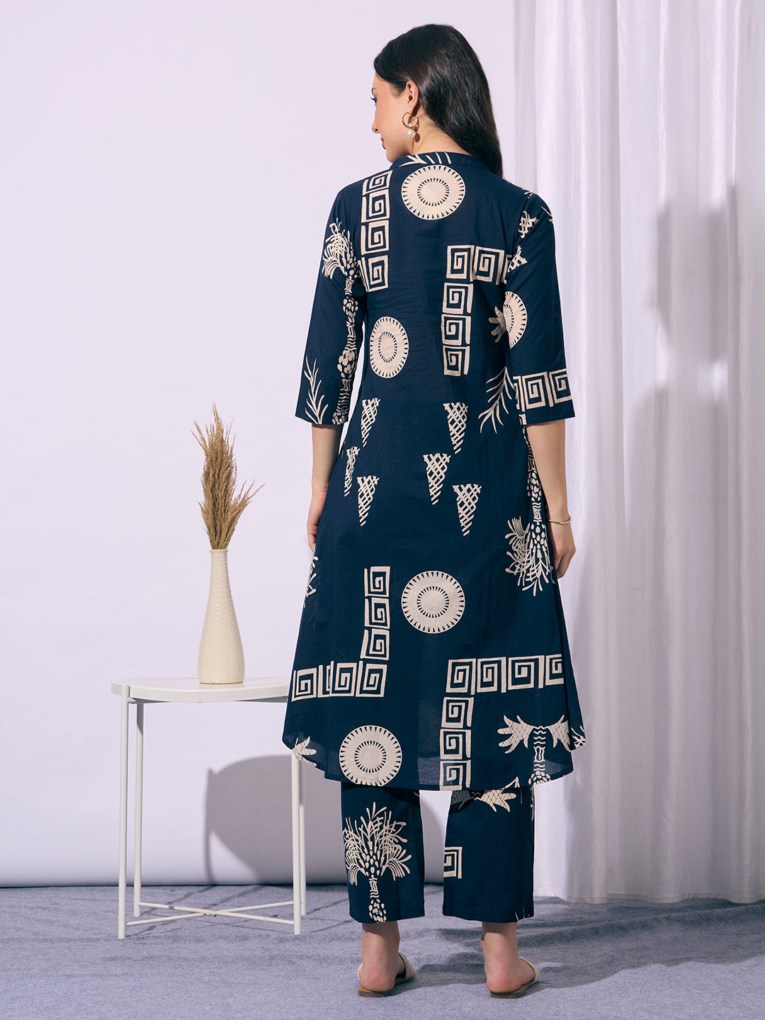 Ethnic Floral Printed A-Line Flared Kurta with Pant - Navy Blue