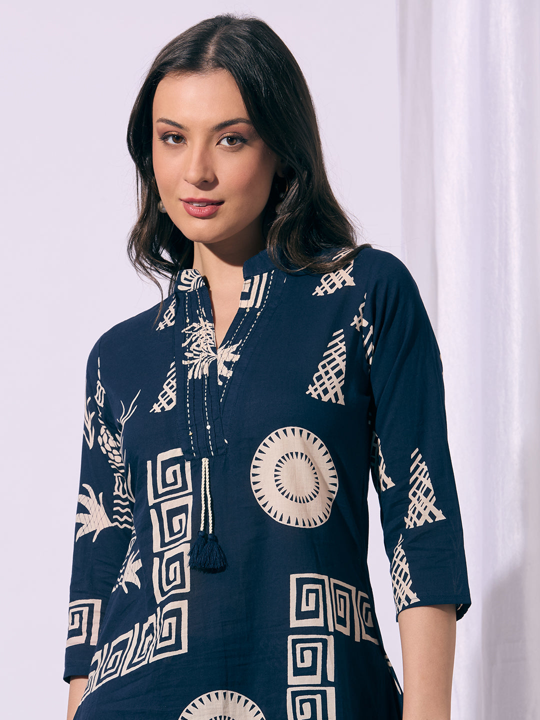 Ethnic Floral Printed A-Line Flared Kurta with Pant - Navy Blue